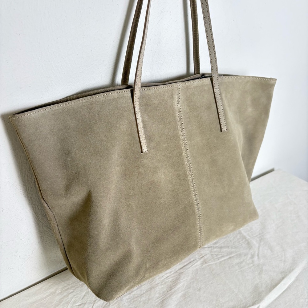 GARNET HILL Suede Leather Tote Made in Italy New w Tags Sand Beige Taupe Cream - Picture 6 of 15